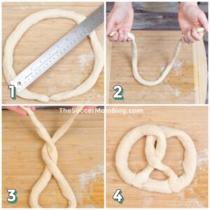 4-step photo collage showing how to form soft pretzels from dough