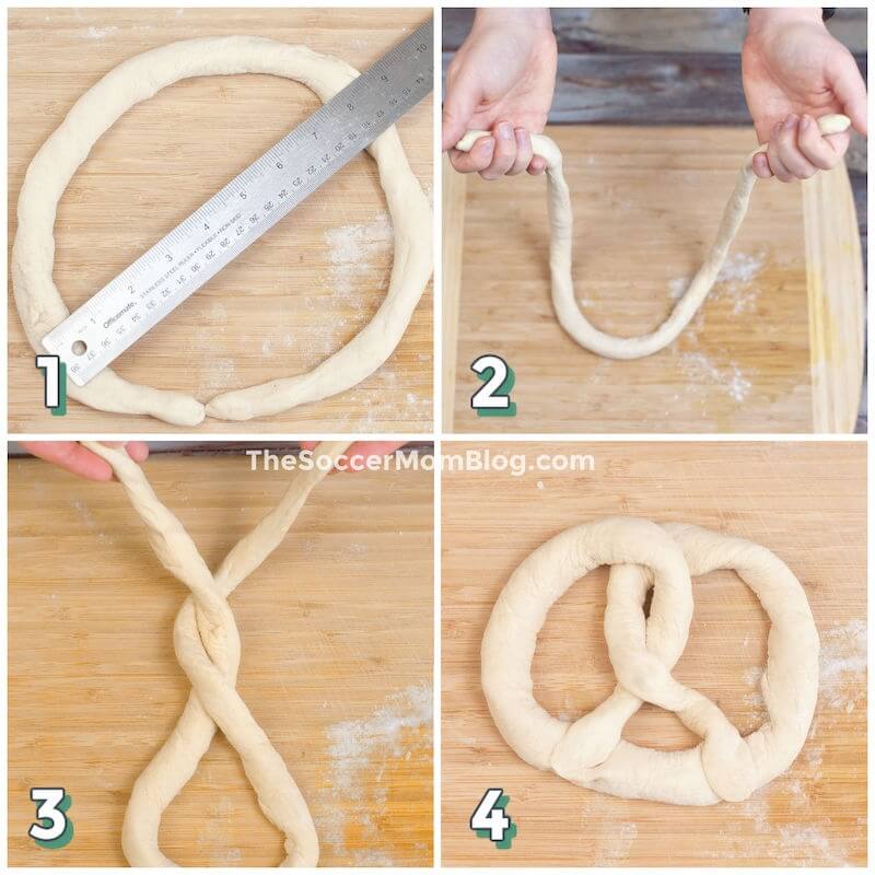 4 step photo collage illustrating forming dough into a pretzel shape
