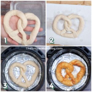 4-step photo collage showing how to cook a pretzel in air fryer