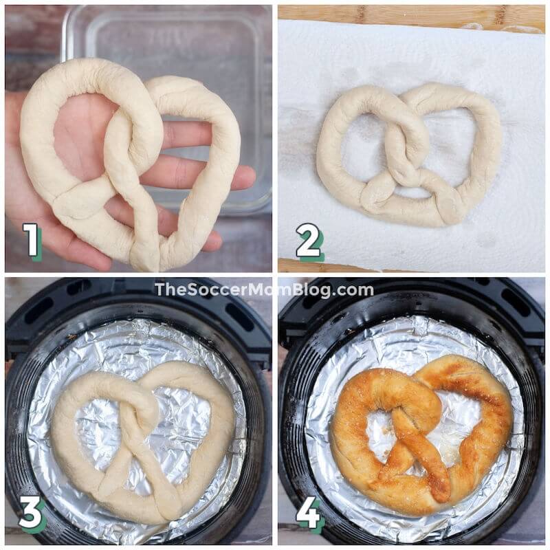 4-step photo collage showing how to make soft pretzels in an air fryer