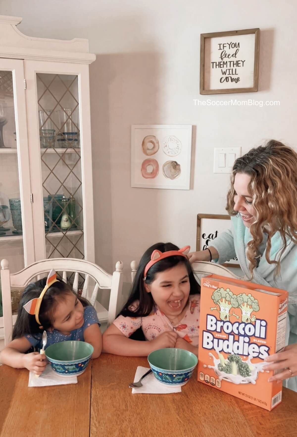 mom serving kids prank cereal for April Fool's Day