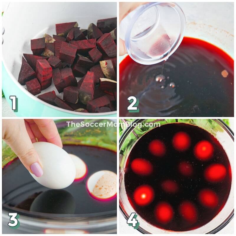 4 step photo collage showing how to dye eggs with beets