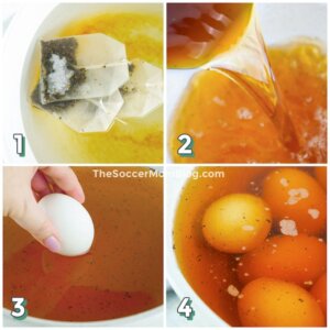 4 step photo collage showing how to dye eggs with tea-based orange dye