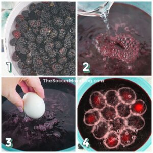 4 step photo collage showing how to dye eggs with blackberries
