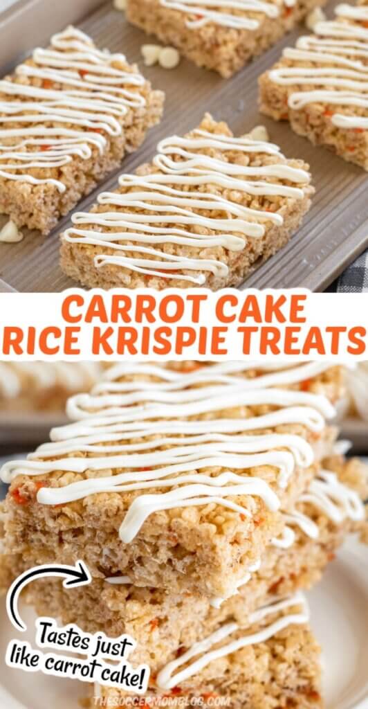 2 photo vertical collage with text overlay; "Carrot Cake Rice Krispie Treats"