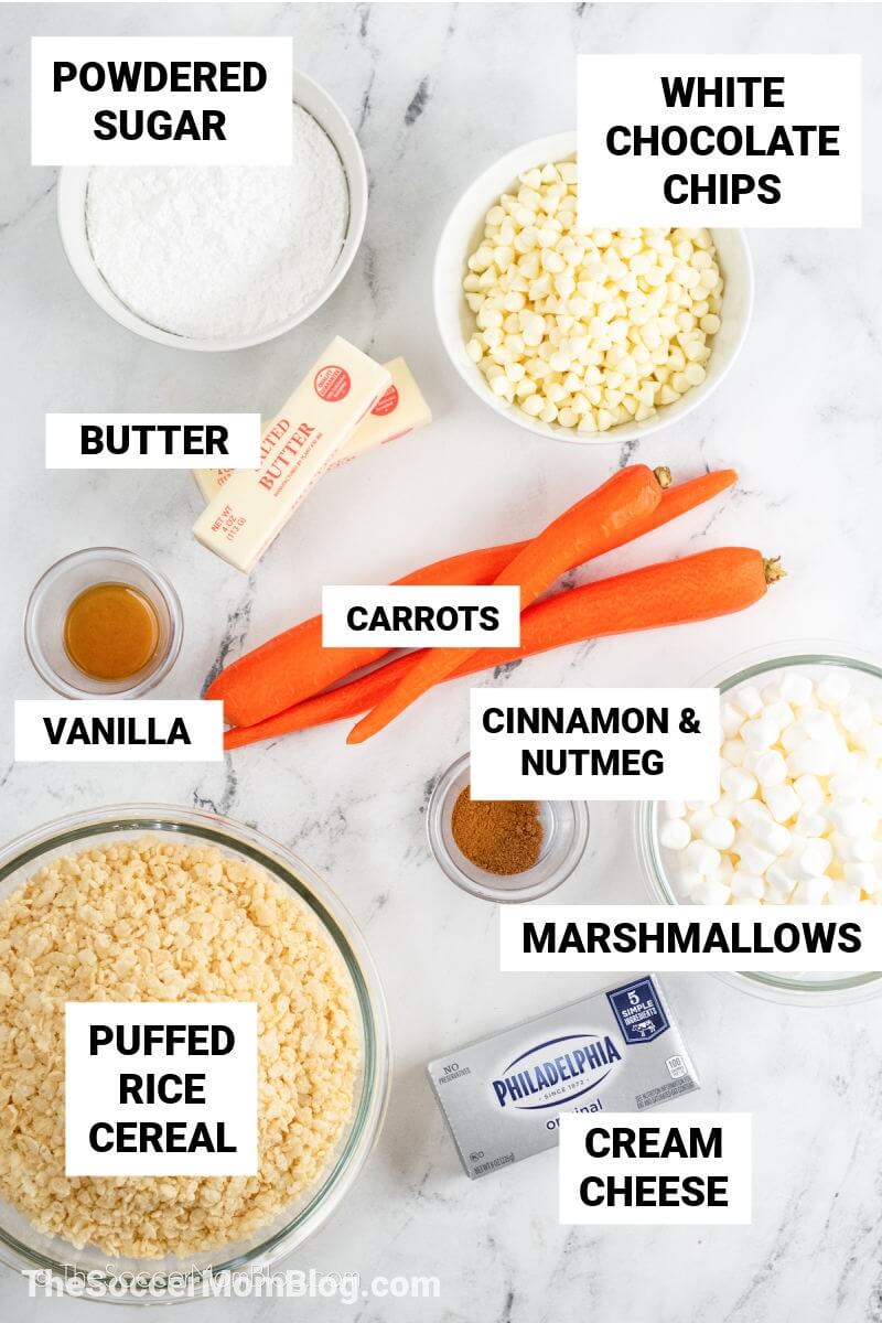 photo of ingredients needed to make carrot cake rice krispie treats