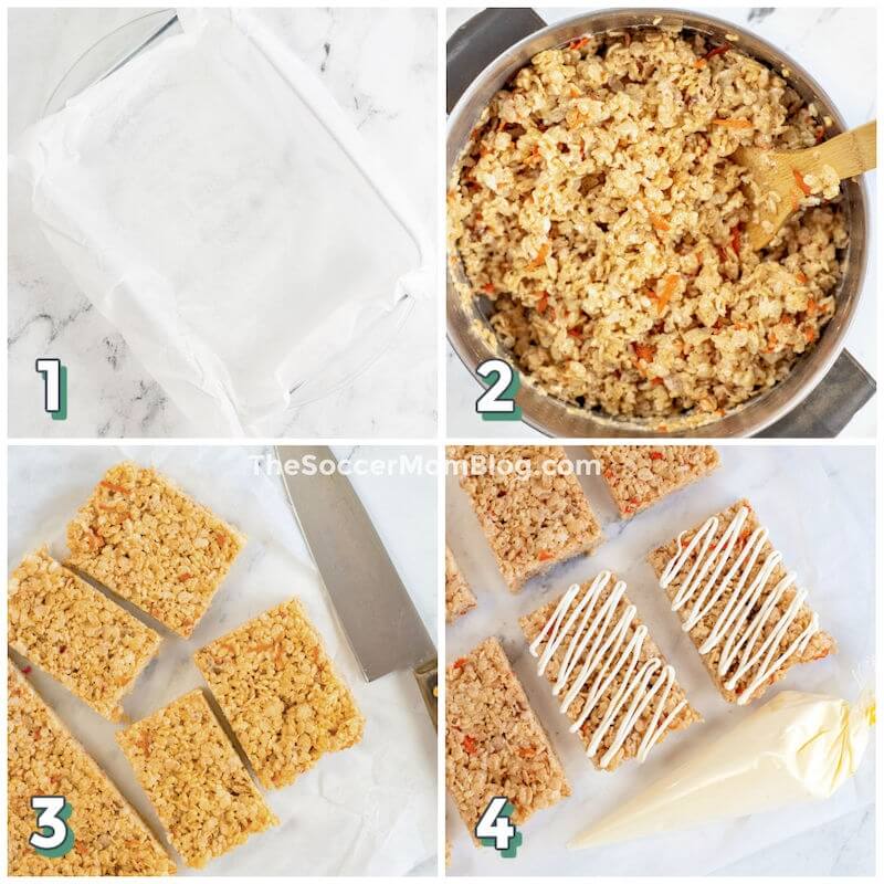 4-step photo collage showing how to make carrot cake rice krispie treats