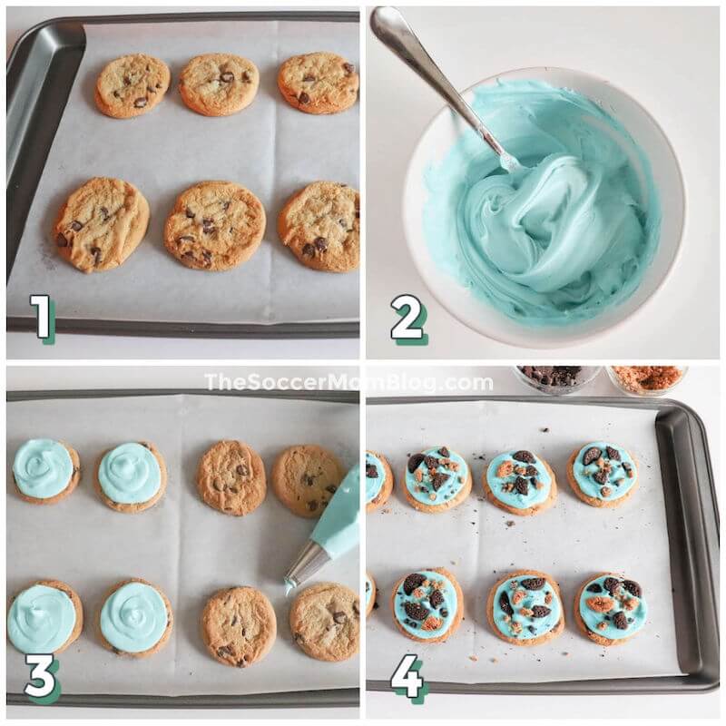 4 step photo collage showing how to decorate cookie monster cookies