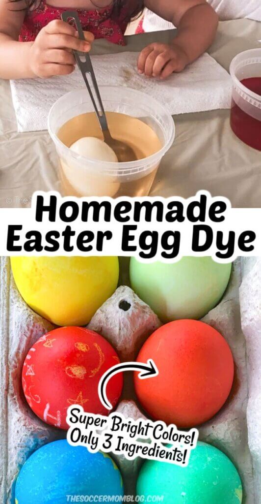 2 photo collage: dyeing Easter eggs and finished carton of colorful eggs