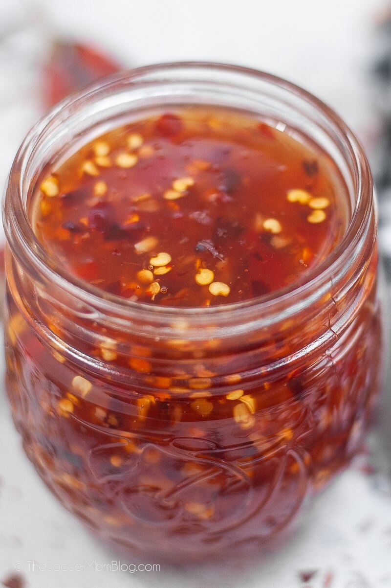 Close up of Homemade Sweet Chili Sauce in a glass jar