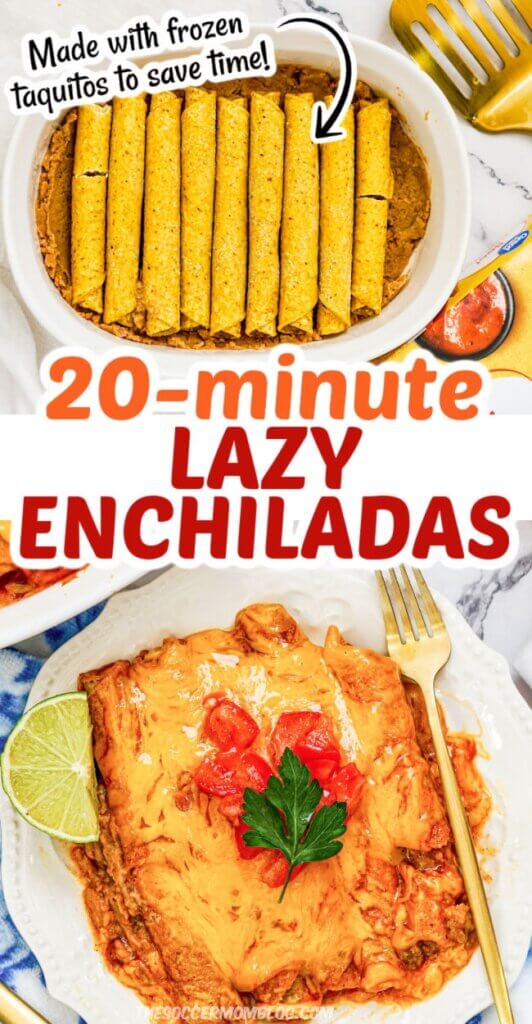 2 photo vertical collage showing how to make enchiladas with taquitos