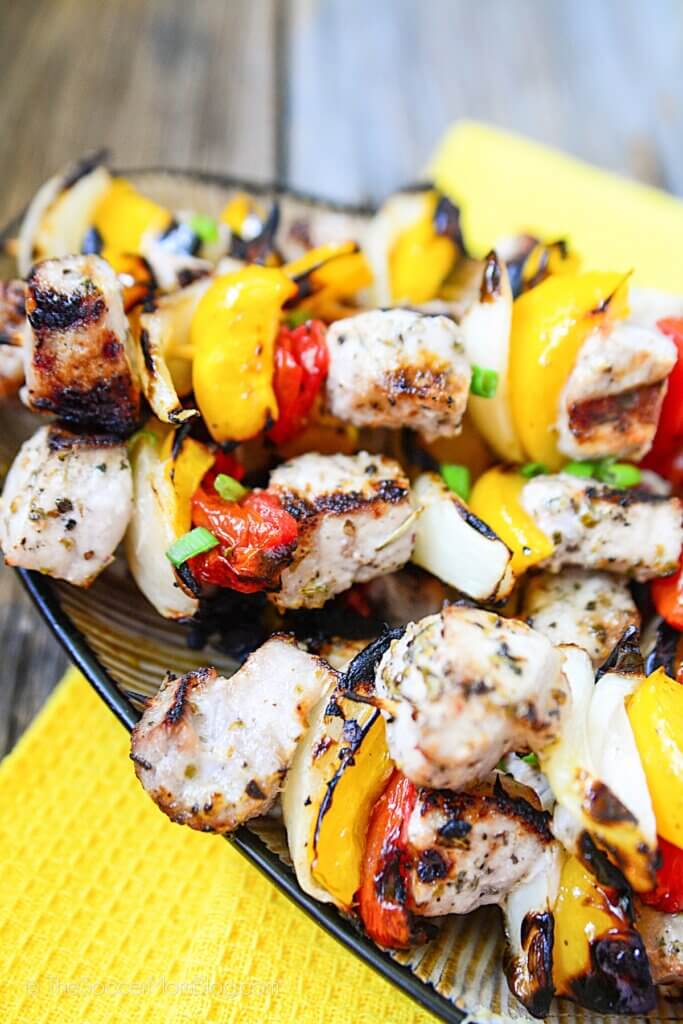 Close up photo of Pork Souvlaki with Grilled Vegetables