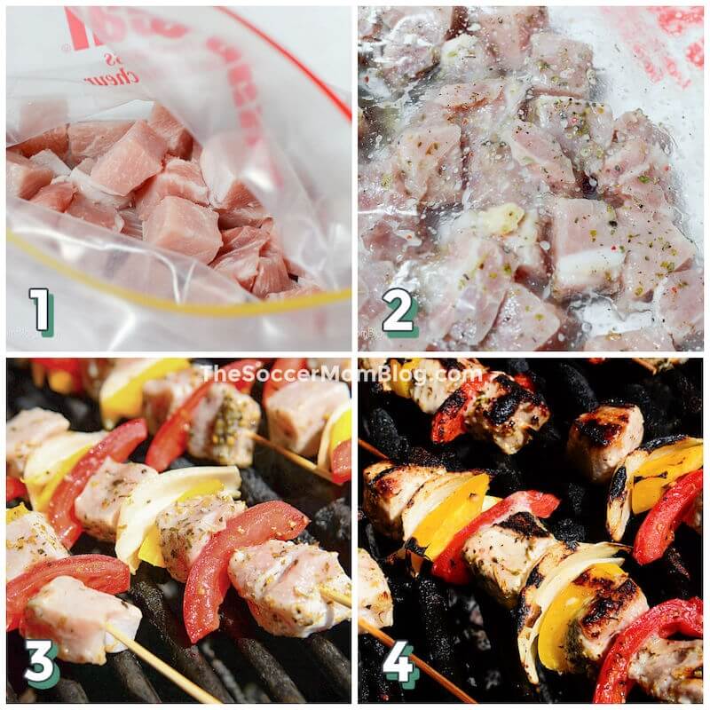 4-step photo collage showing how to marinate and grill pork kabobs