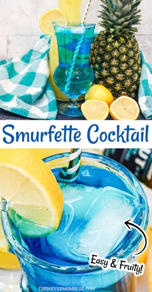 2 photo collage showing a bright blue Smurf cocktail