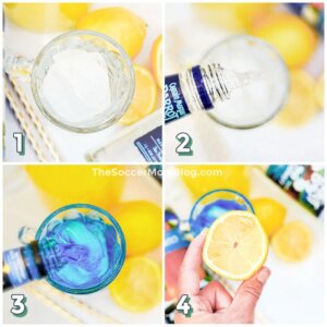 4-step photo collage showing how to make a Smurfette cocktail