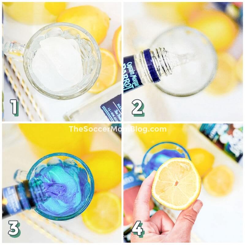 4-step photo collage illustrating how to make an Electric Smurf drink