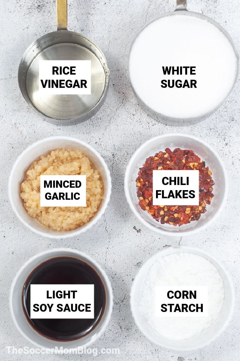 Homemade Sweet Chili Sauce Ingredients in bowls, labeled
