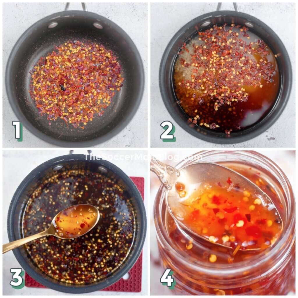 4-step photo collage showing how to make homemade Thai sweet chili sauce