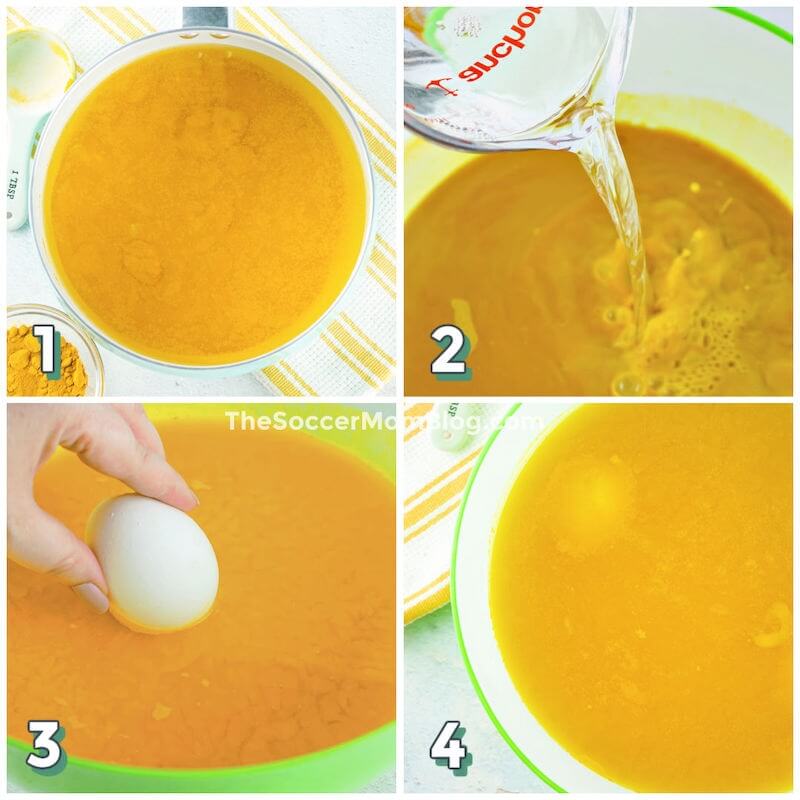 4 step photo collage showing how to dye eggs with turmeric