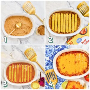 4-step photo collage showing how to make enchiladas with frozen taquitos