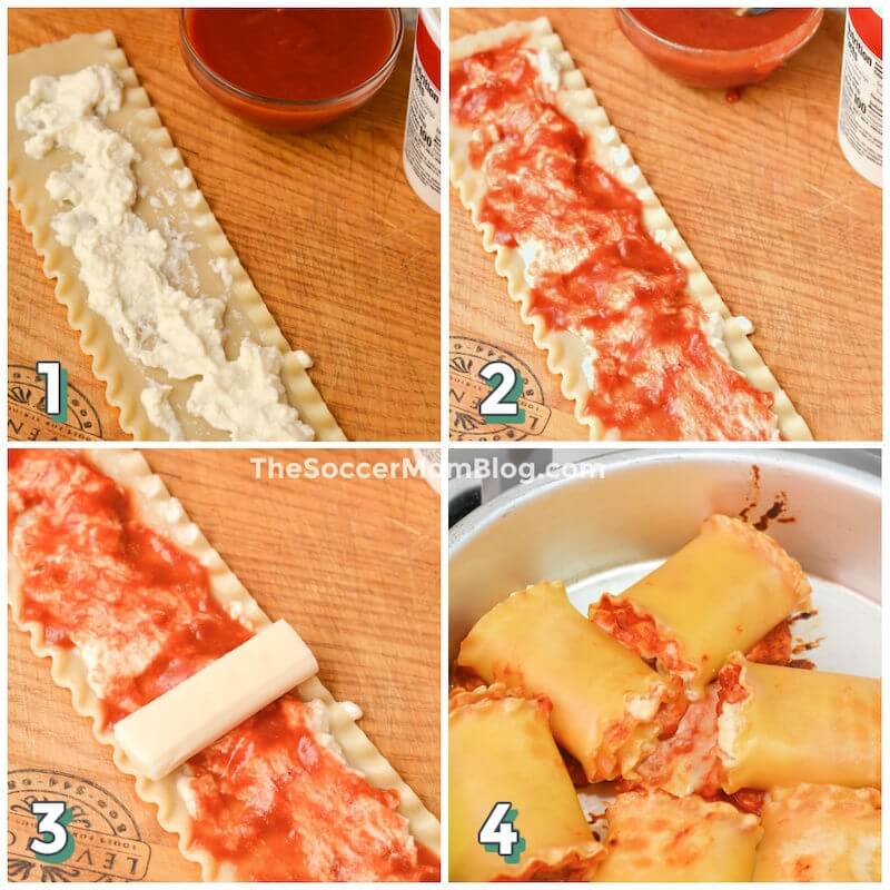 4 step photo collage showing how to make lasagna roll ups in an air fryer