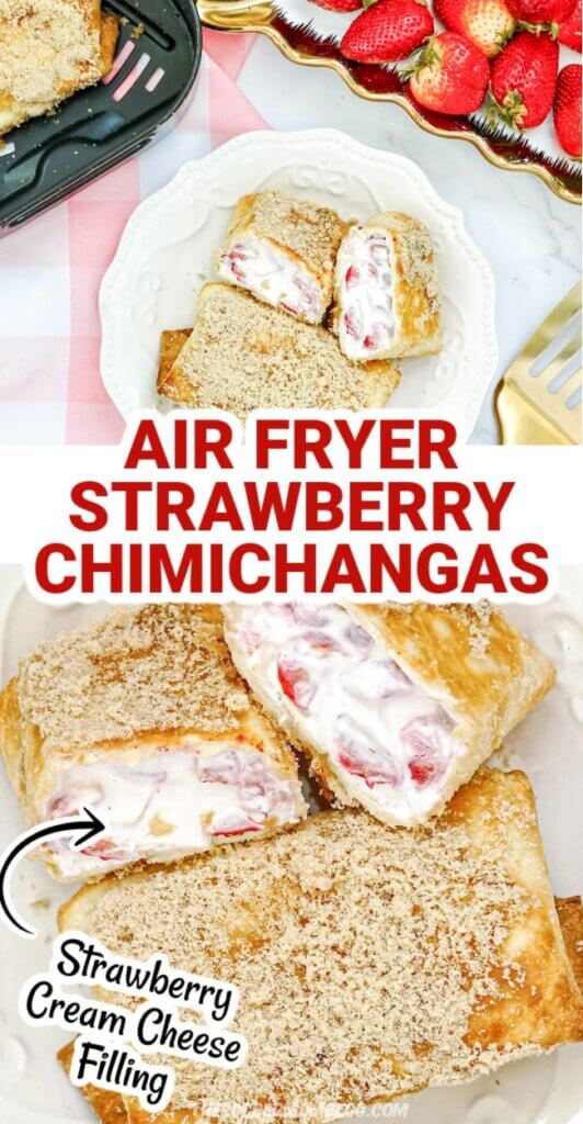 2 photo vertical collage of strawberry cheesecake chimichangas
