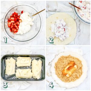 4-step photo collage showing how to make strawberry chimichangas in an air fryer