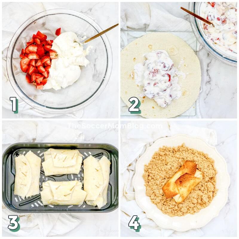4-step photo collage showing how to make strawberry chimichangas in an air fryer