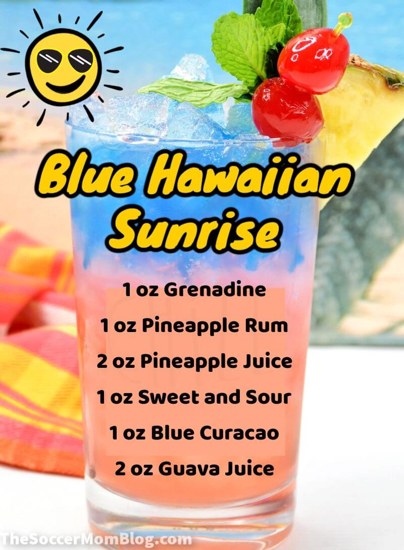 layered tropical drink with text overlay: "Blue Hawaiian Sunrise"