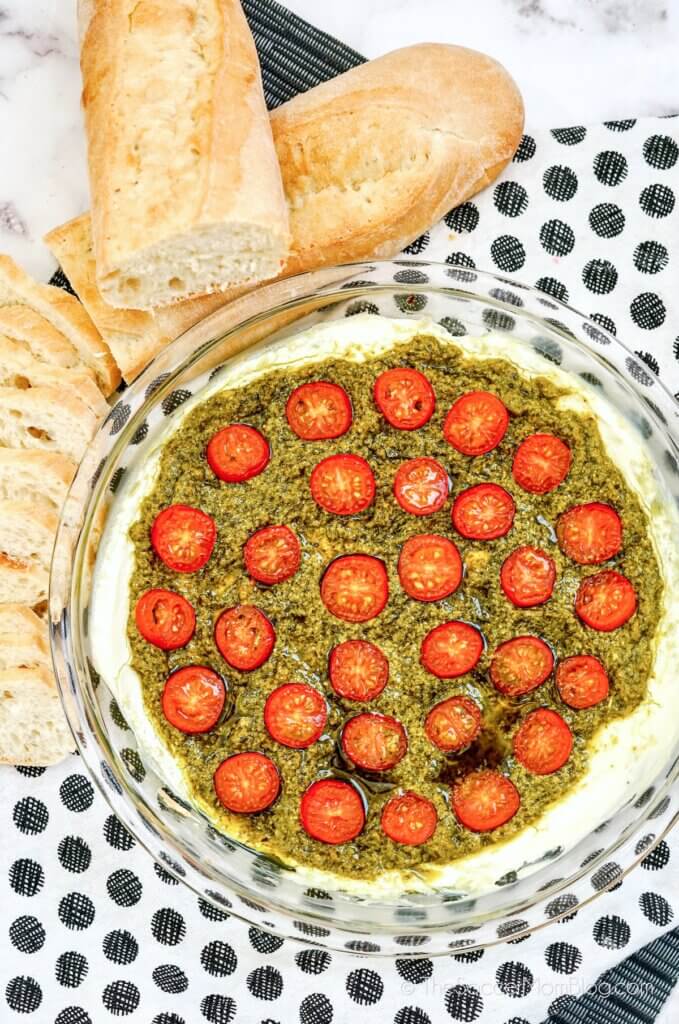 Hot Caprese Dip served with Italian bread for dipping