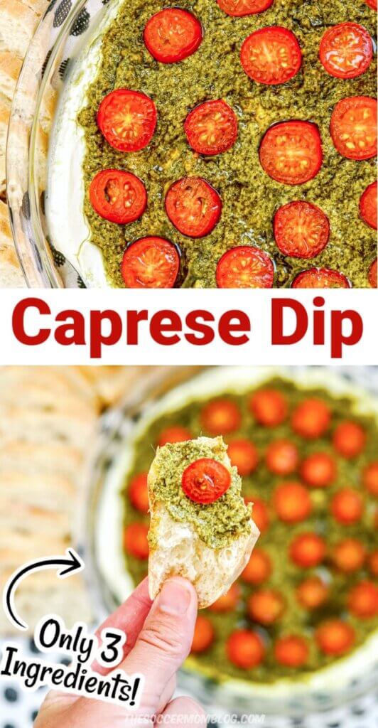 2 image vertical collage showing hot caprese dip with cheese, pesto, and tomato slices