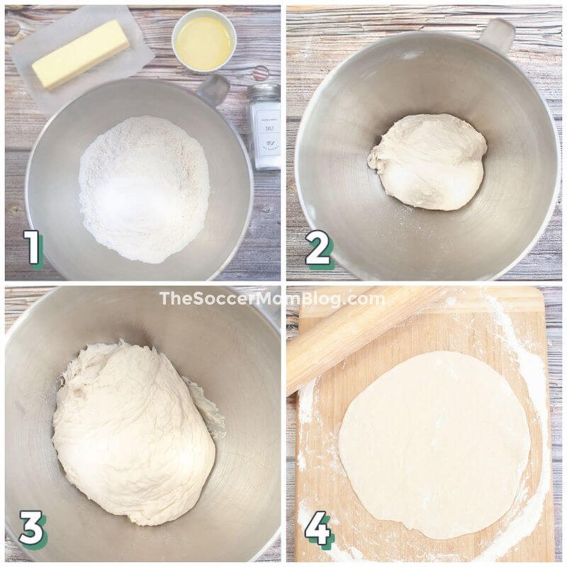 4 step photo collage showing how to make yeast pizza dough