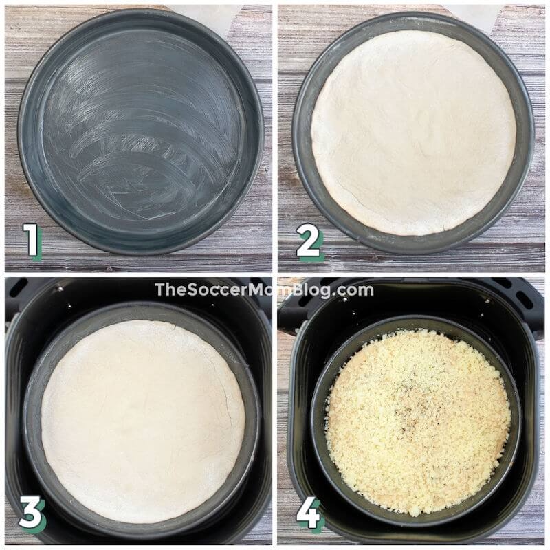 4 step photo collage showing how to make cheese bread in air fryer
