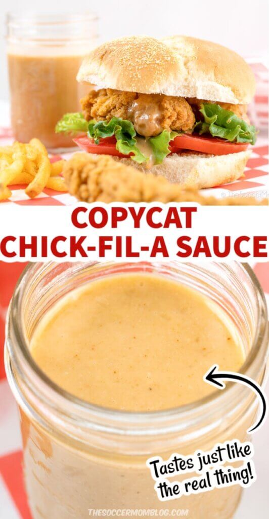 2 photo collage of homemade Chick-Fil-A sauce on chicken sandwich and in jar