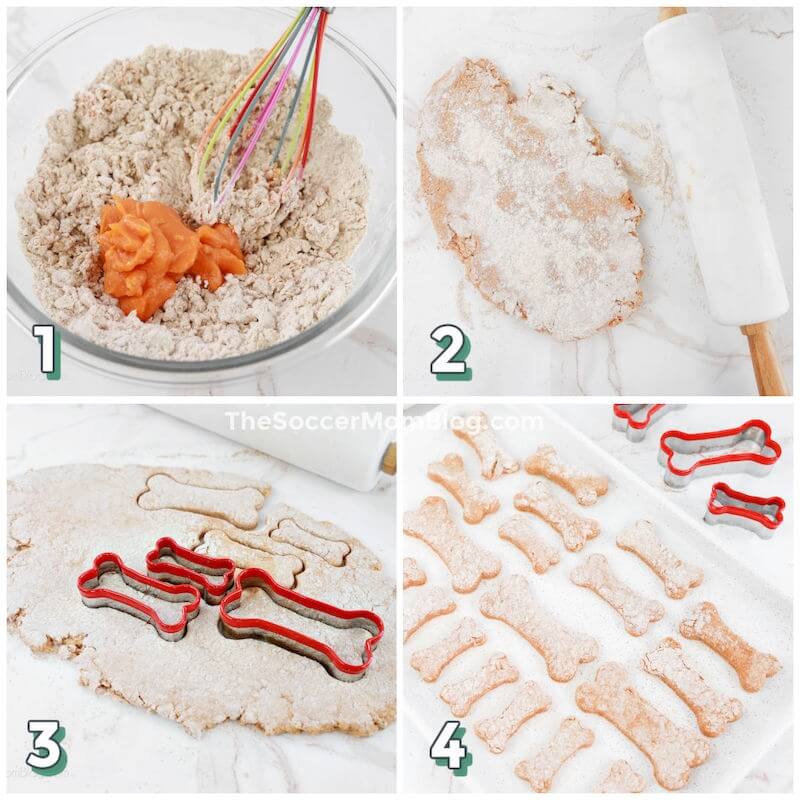 4-step photo collage showing how to make homemade dog biscuits