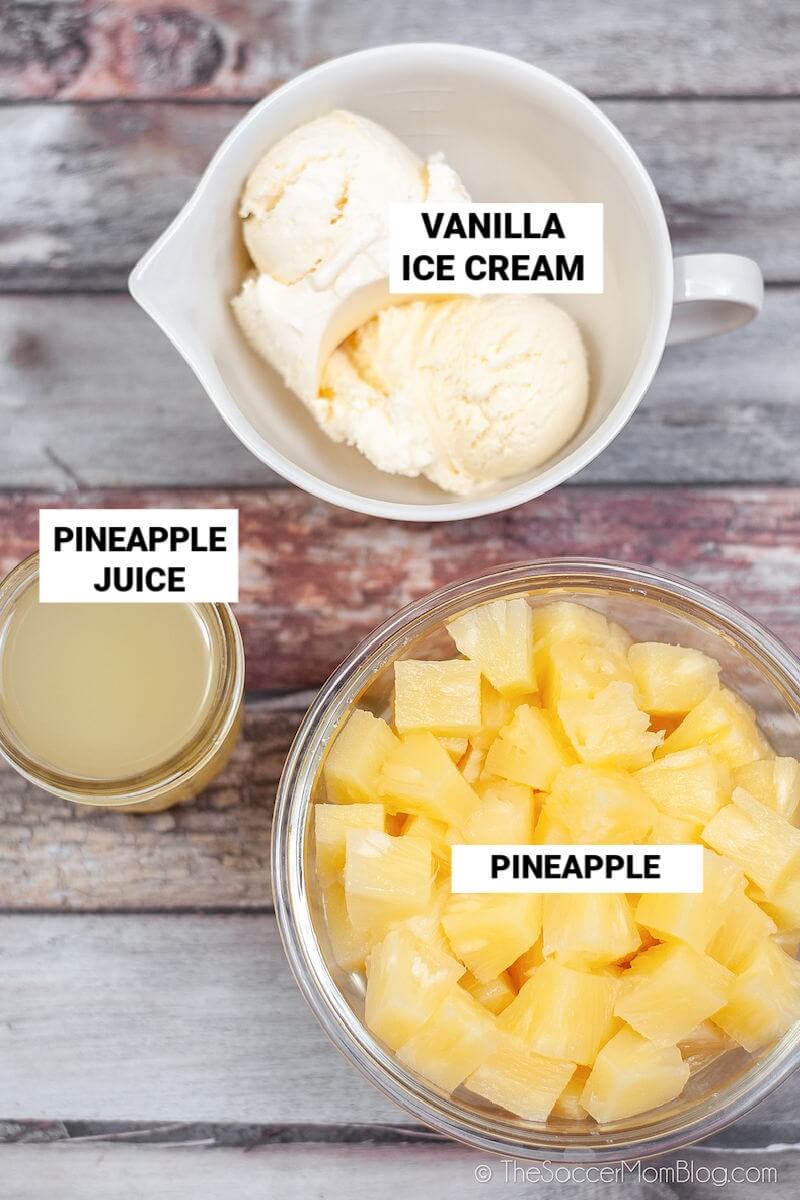 ingredients to make Disney Dole Whip in bowls on counter