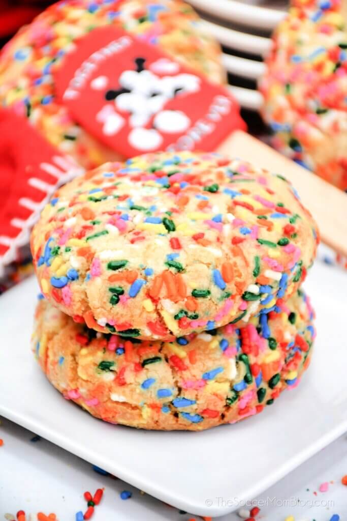 Sprinkle Funfetti Cookies stacked on a plate