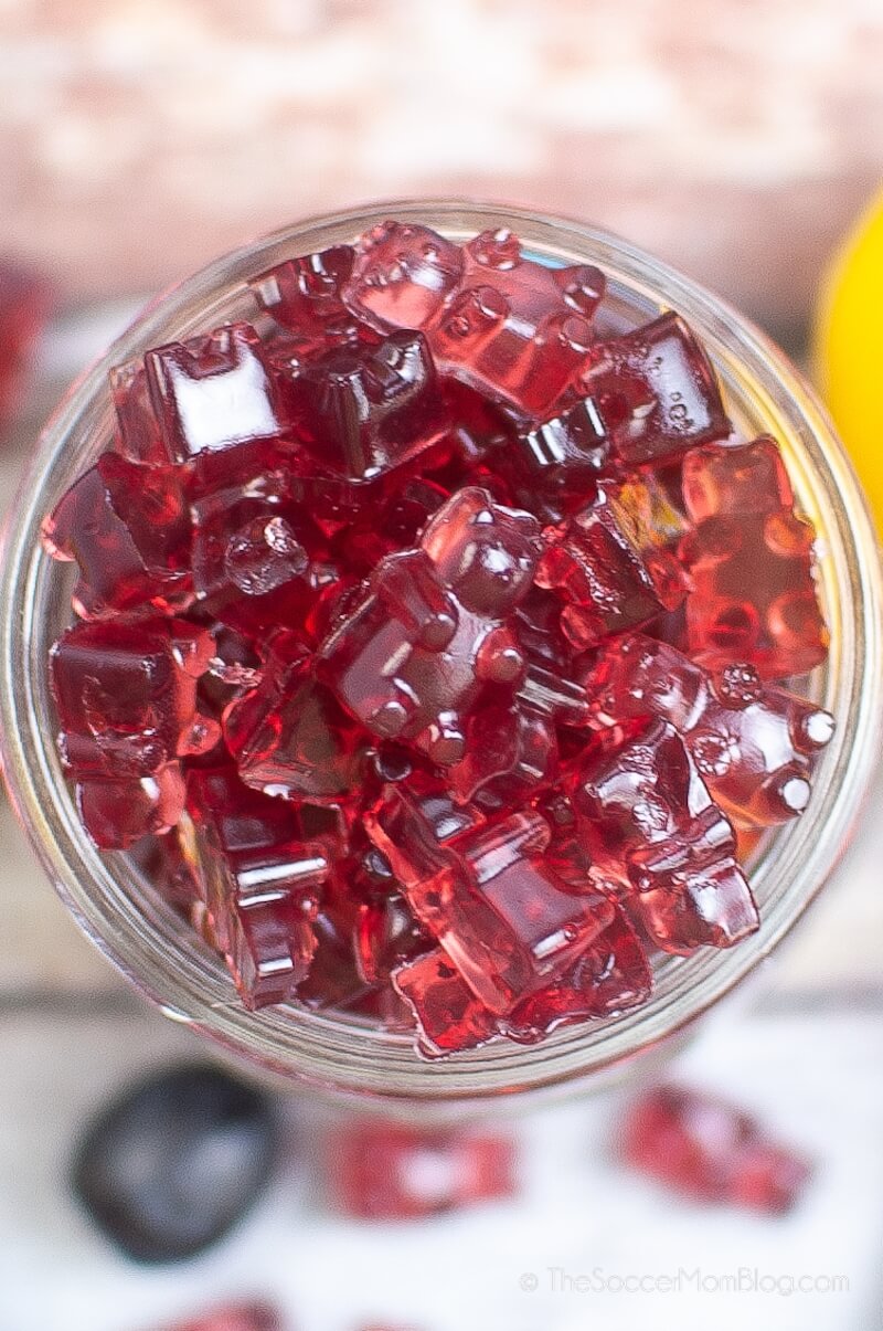 Grape Gummy Bears viewed from above in a jar