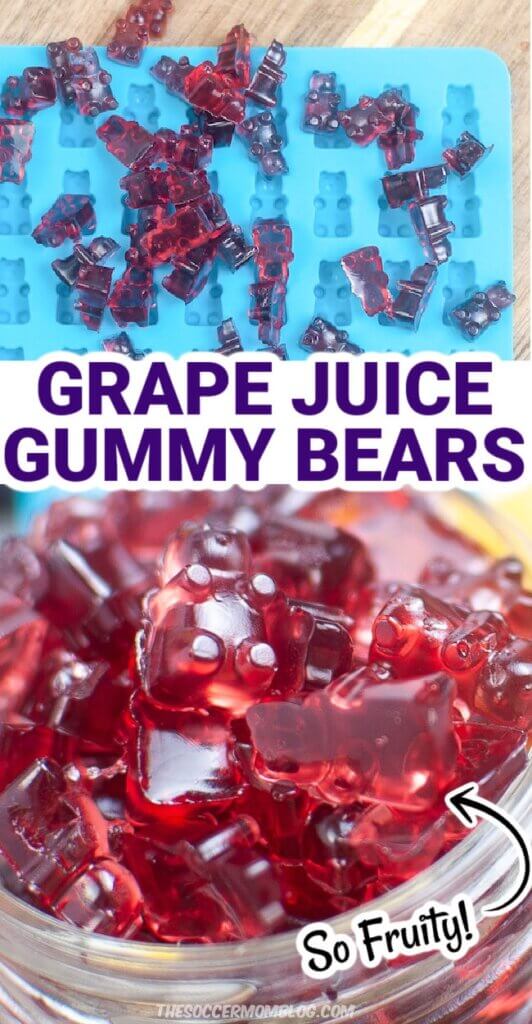 2 photo vertical collage of homemade grape gummy bears in mold and in jar