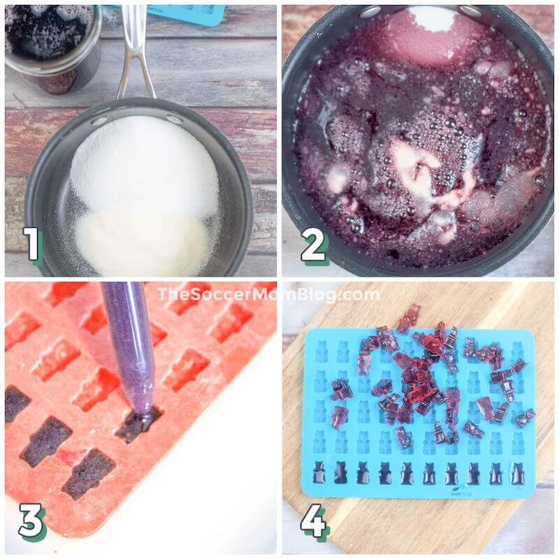 4 step photo collage showing how to make gummy bears with grape juice