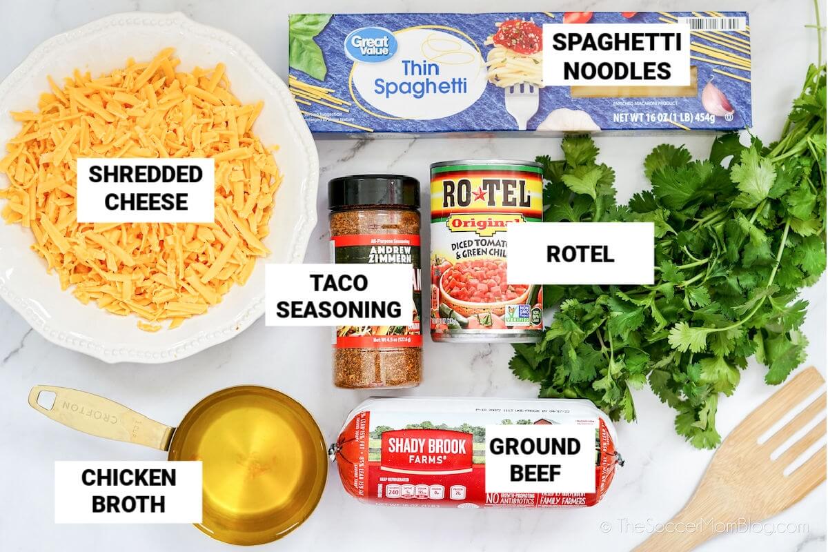 ingredients to make taco spaghetti, with labels