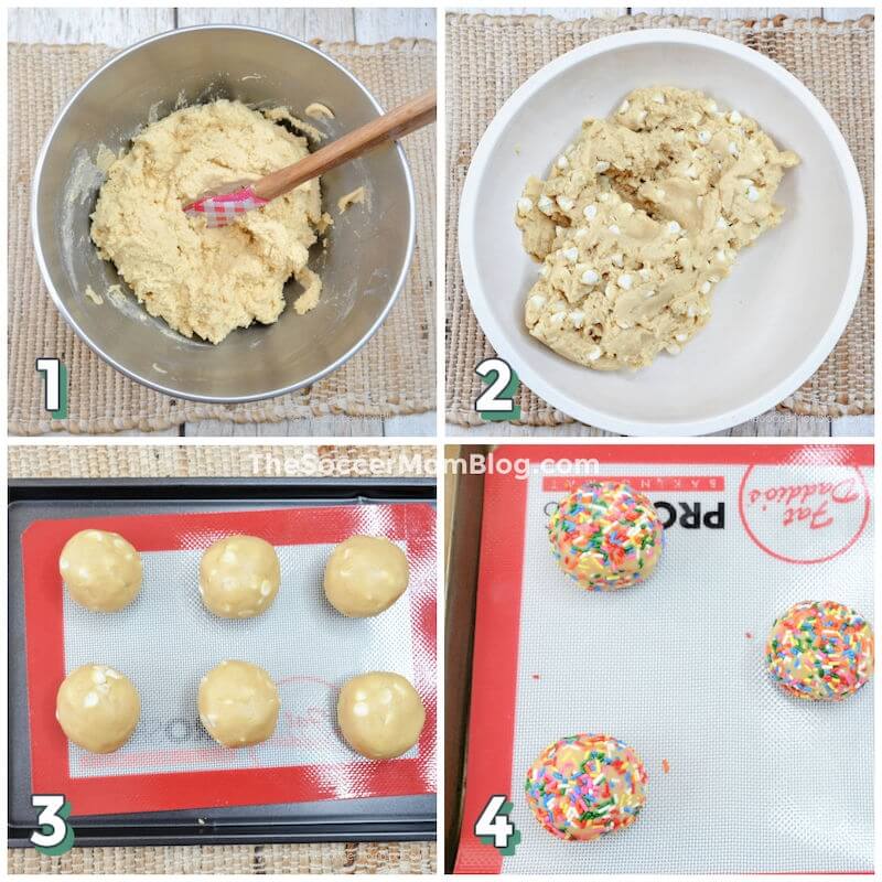 4 step photo collage showing how to make Sprinkle Funfetti Cookies