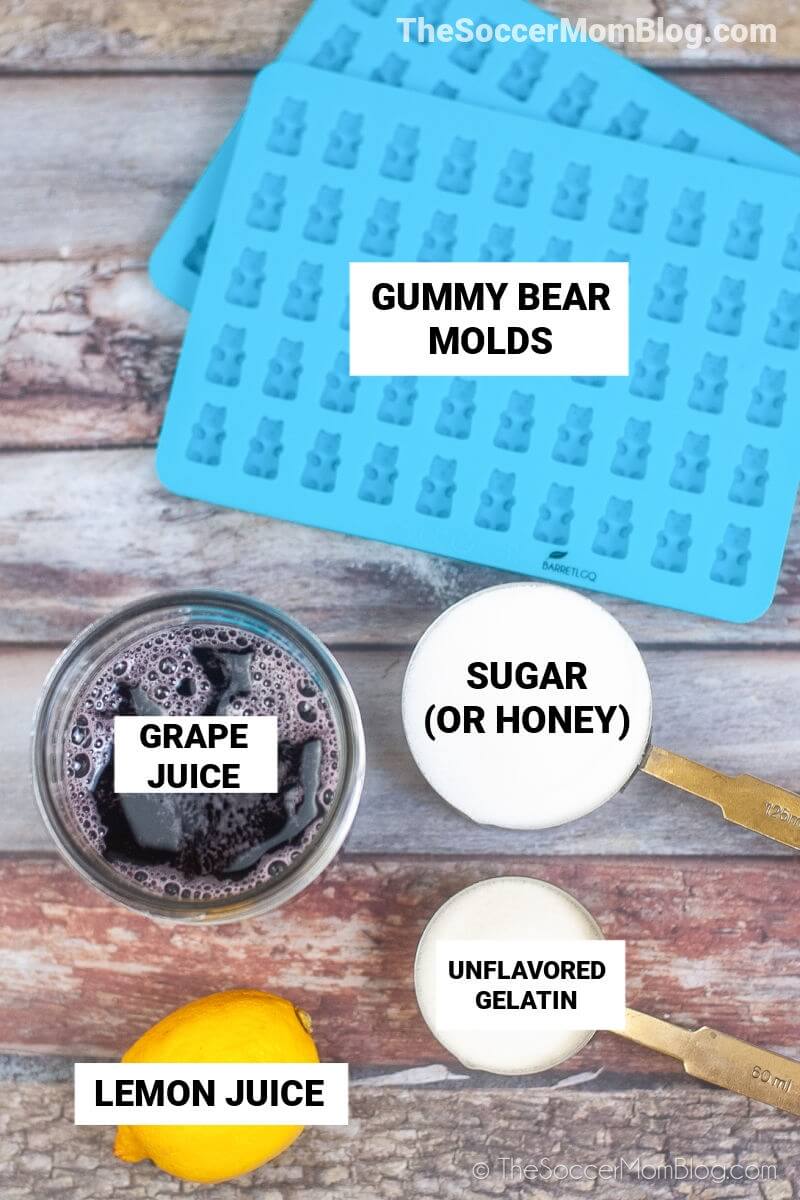 ingredients to make homemade gummy bears with grape juice
