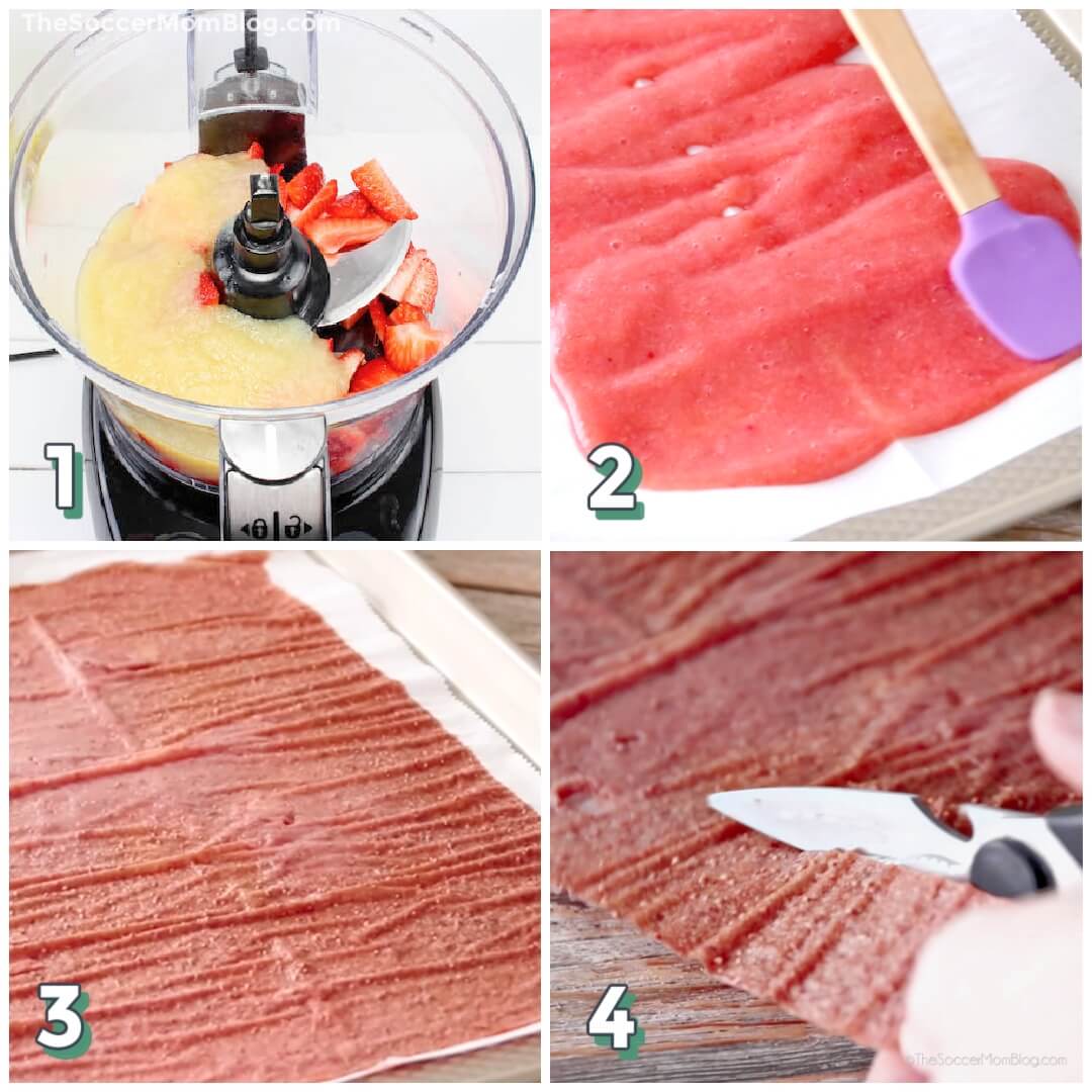 4 step photo collage showing how to make homemade fruit leather.