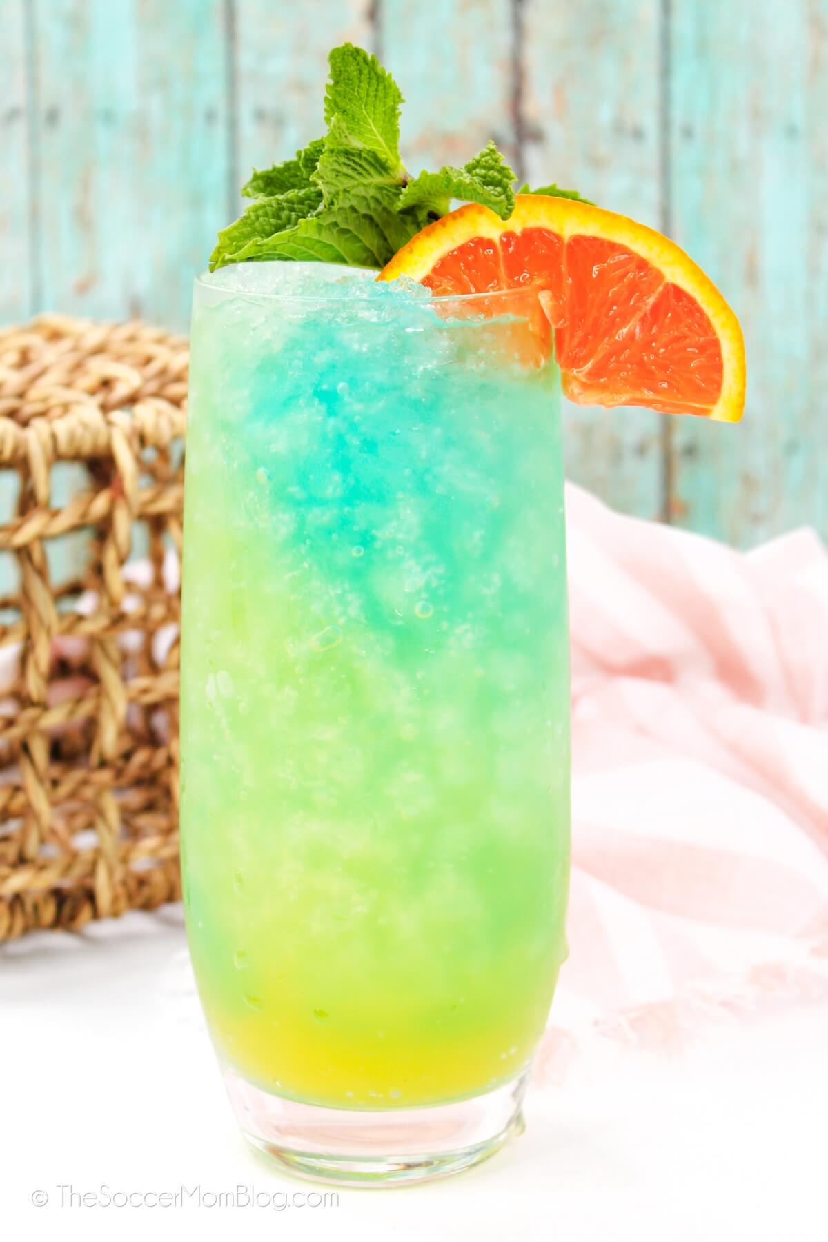 Blue Lagoon Cocktail: yellow and aqua layered drink