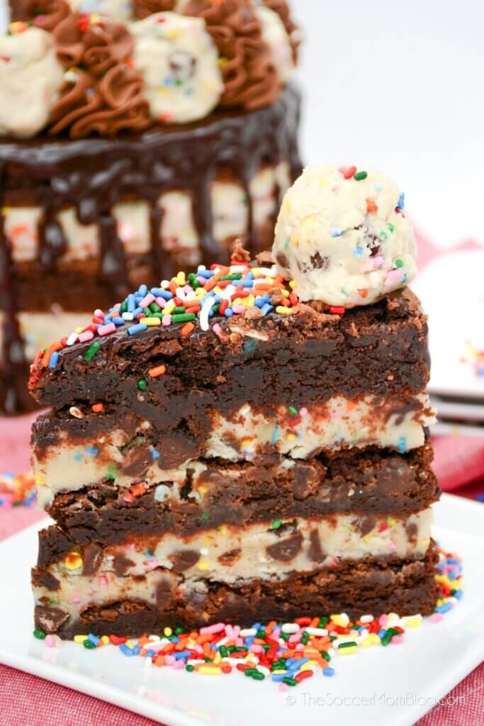 A slice of Brownie Cookie Dough Cake