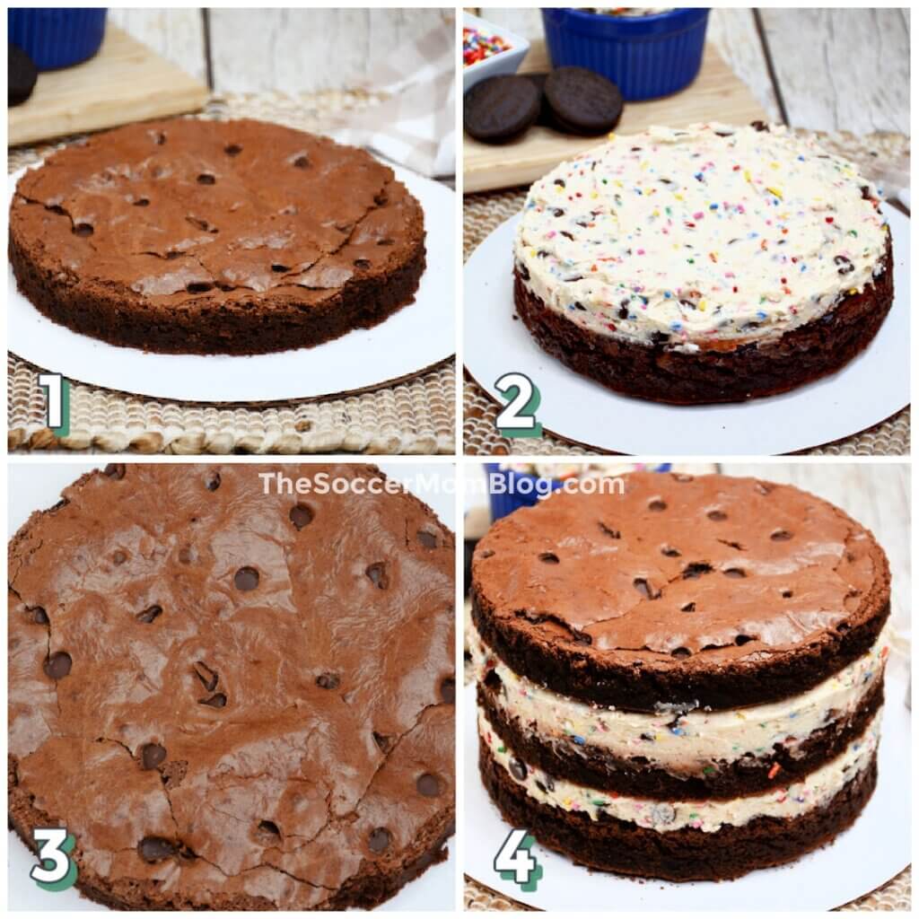 4 step photo collage showing how to make a brownie layer cake with cookie dough frosting