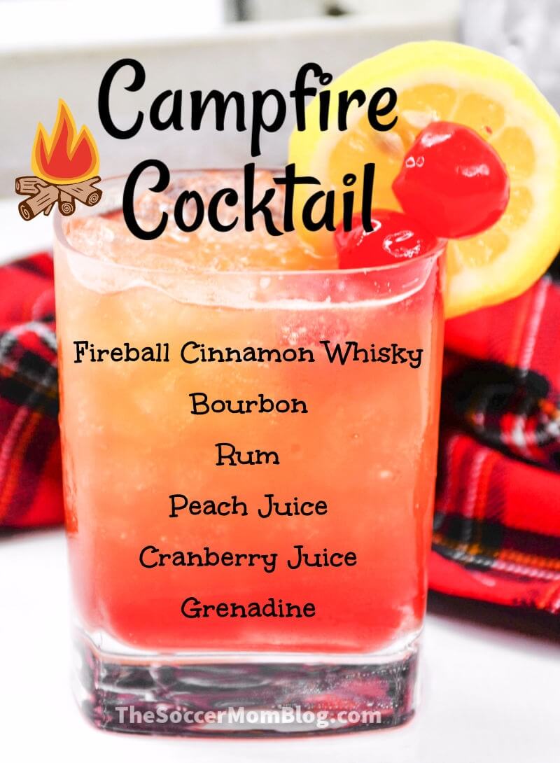 ombre red and orange cocktail with ingredients listed "Campfire Cocktail"