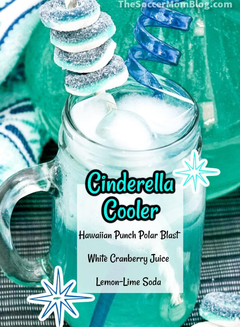 Cinderella Cooler Mocktail (bright blue drink) with ingredients listed on image
