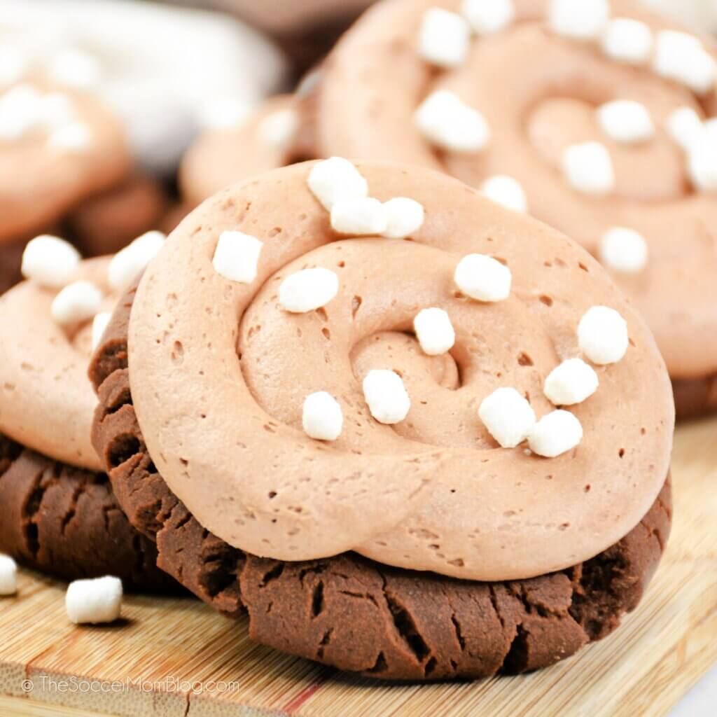close up of iced chocolate cookie with mini marshmallows